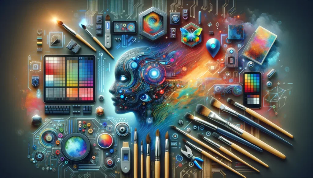 صورة AI مع أدوات التصميم: تُظهر رؤية تشكيلة أدوات رسومية مدفوعة بالذكاء الاصطناعي.