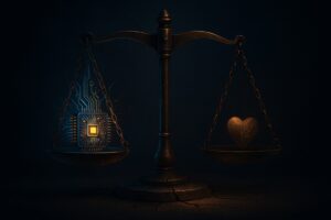 لوحة تمثل التوازن المفقود بين التقنية والأخلاق
