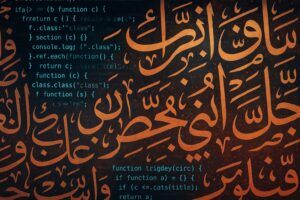 لوحة رقمية تعكس تداخل الحروف العربية مع الأكواد البرمجية