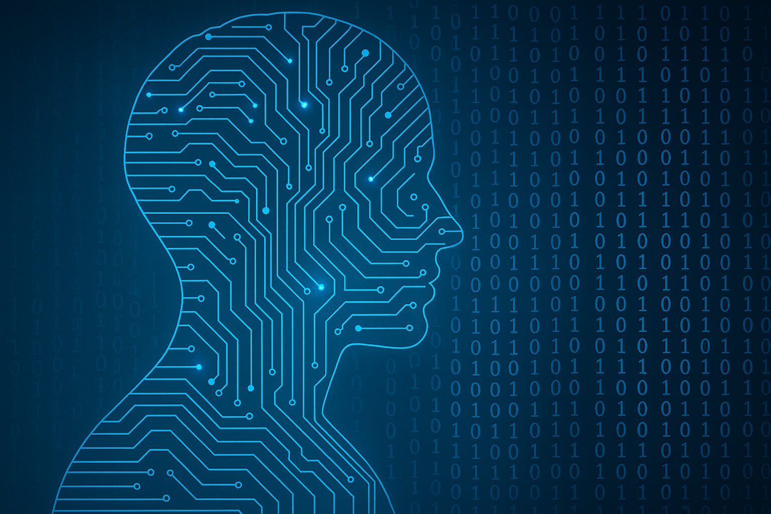 صورة ترمز إلى الإنسان ككودٍ رقمي داخل شبكة بيانات ضخمة