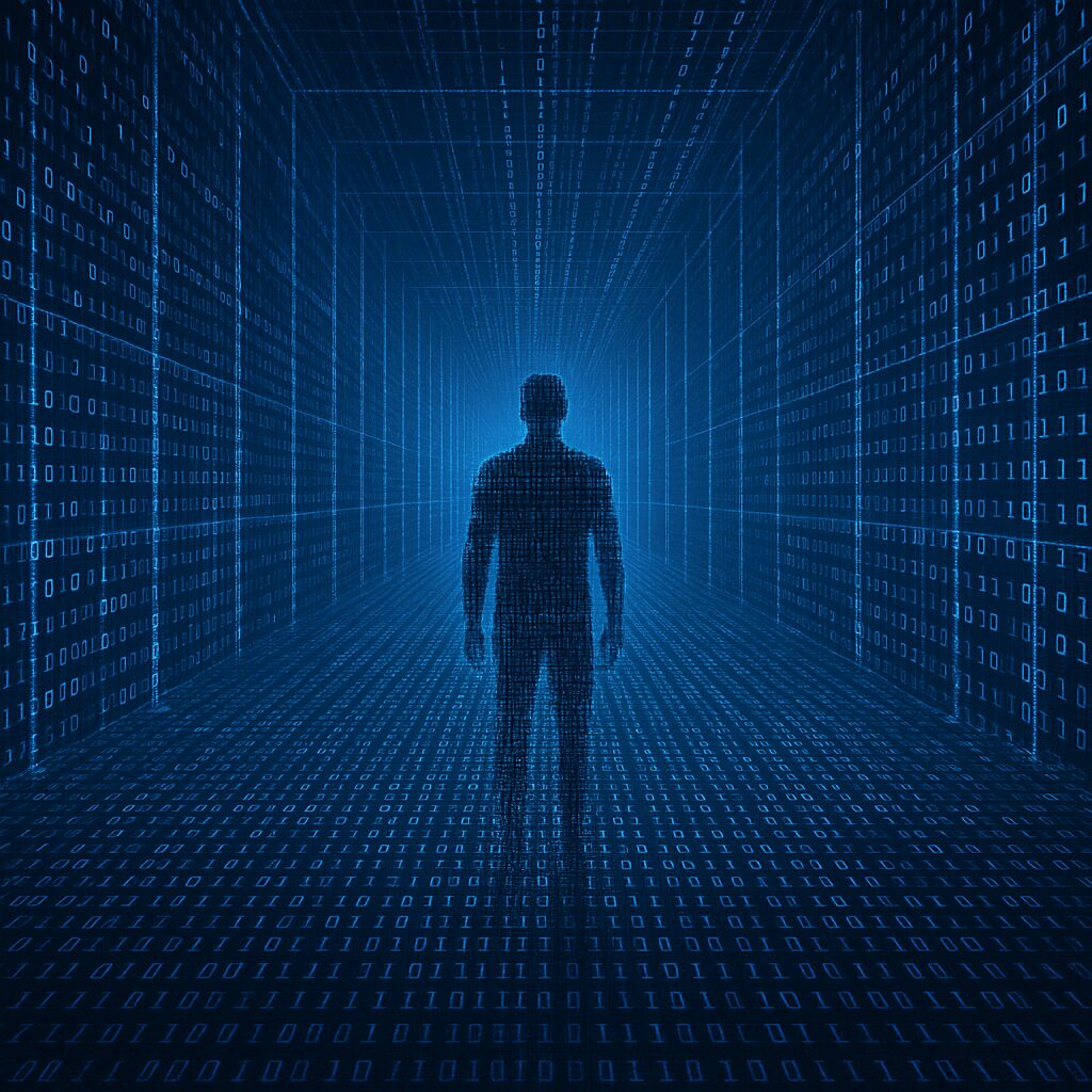 صورة تعبر عن الإنسان كبيانات خام داخل منظومة رقمية ضخمة