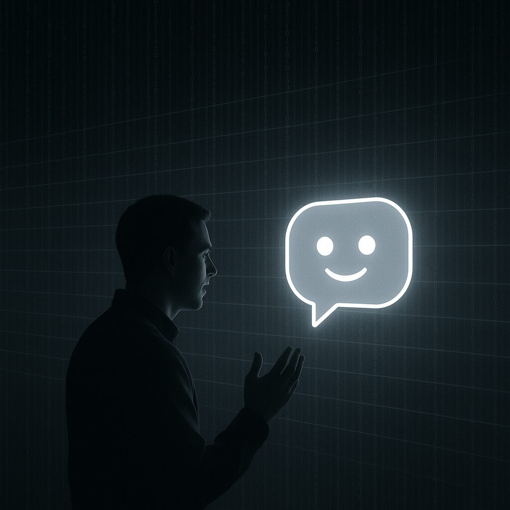 إنسان يتحدث إلى واجهة ضوئية تمثل مساعدًا ذكيًا، بينما تتدفق البيانات حولهما في خطوط شفافة.