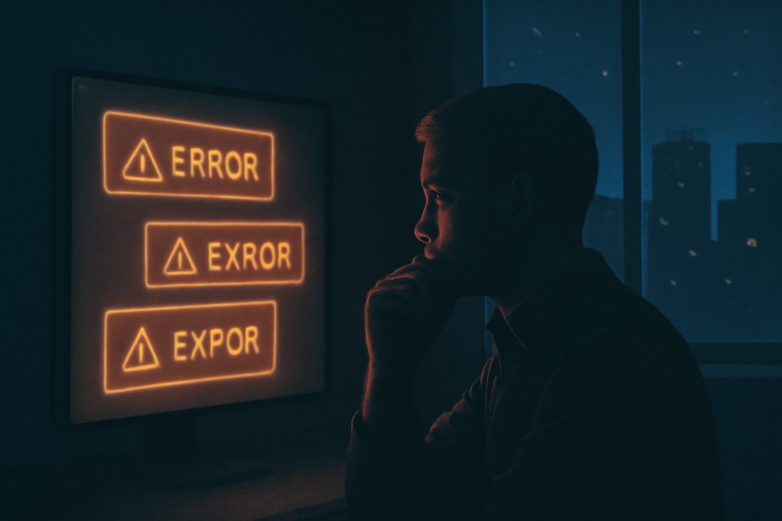 إنسان يفكر أمام نافذة ليلية، بينما خلفه شاشة تعرض رسائل “خطأ” خوارزمية.