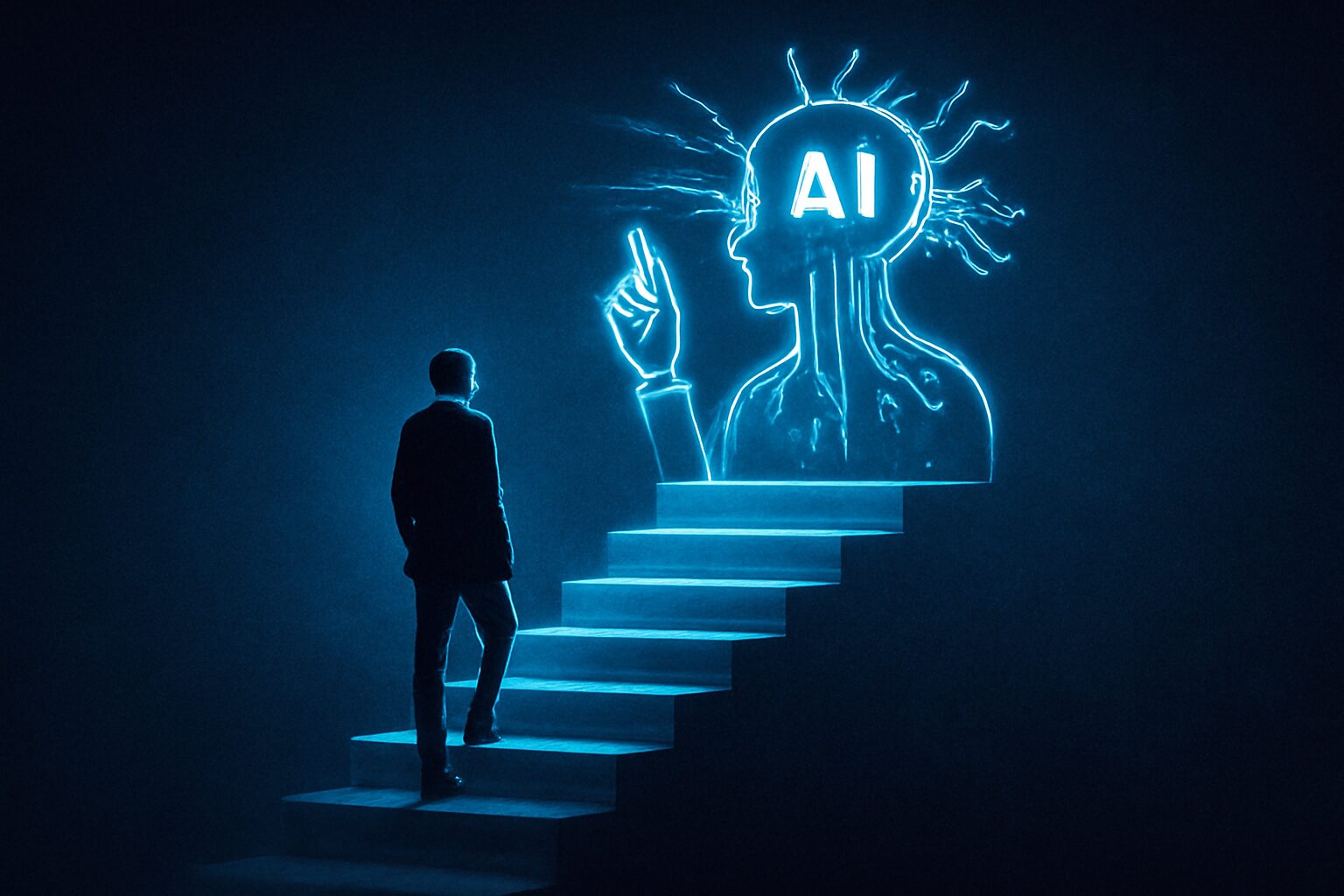 إنسان يقف على درجة سفلية من سلم رقمي، بينما يظهر نموذج ذكاء اصطناعي في الأعلى يقدّم “توجيهات” مضيئة.
