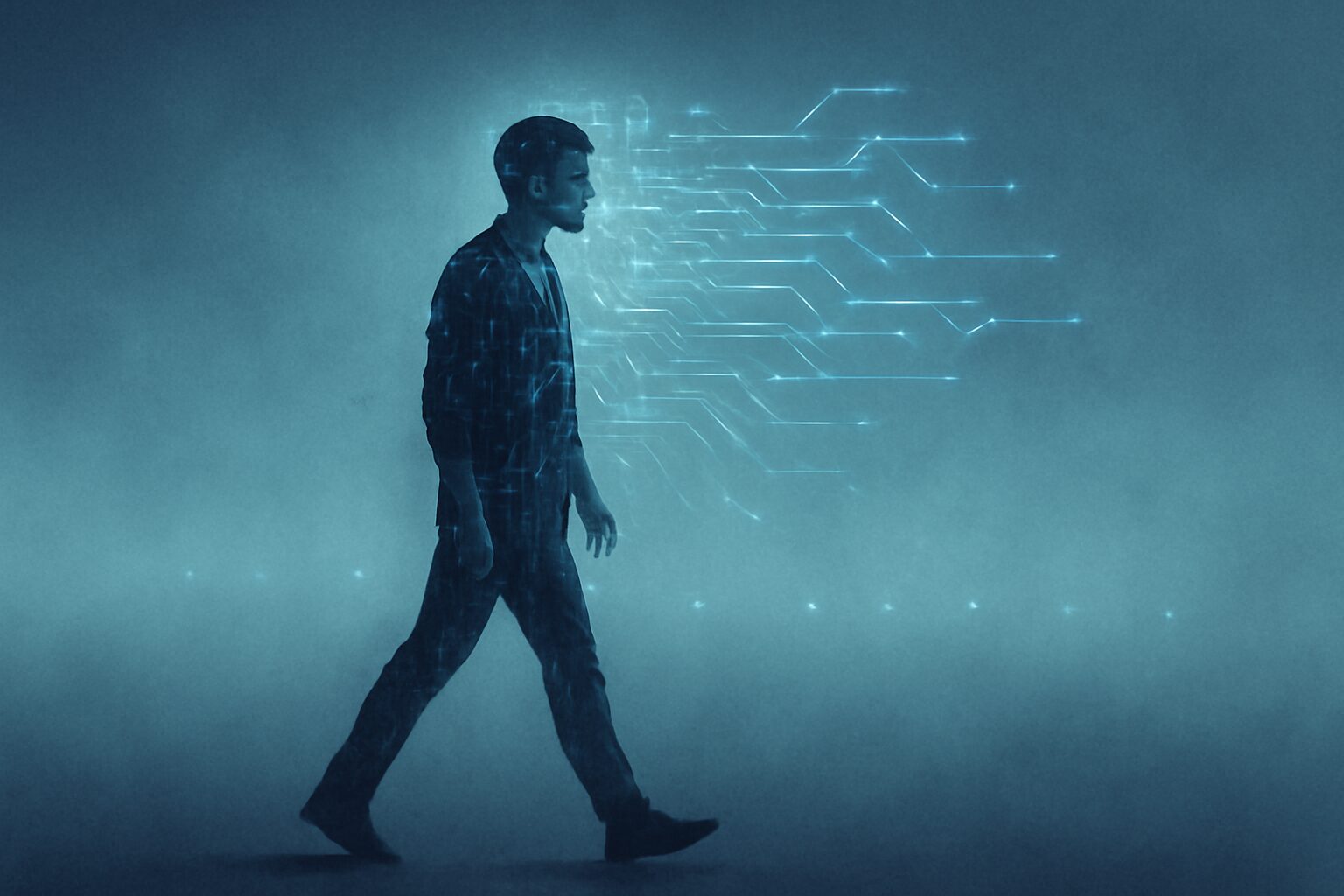 إنسان يمشي في مساحة ضبابية بينما تحاول خوارزميات رقمية رسم ملامحه باستمرار.