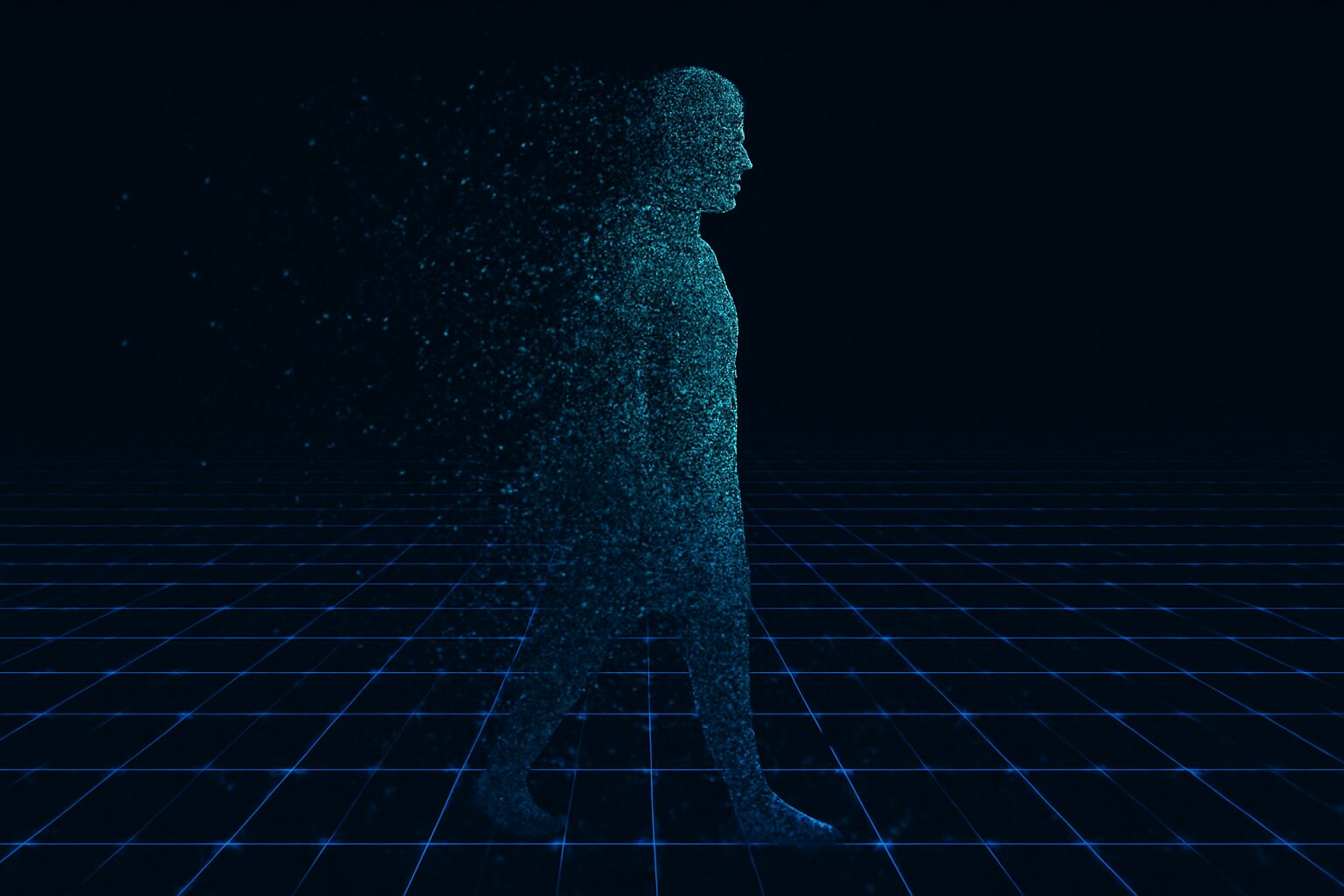 تمثيل بصري لشخص يتفكك إلى نقاط بيانات تُسحب إلى شبكة رقمية