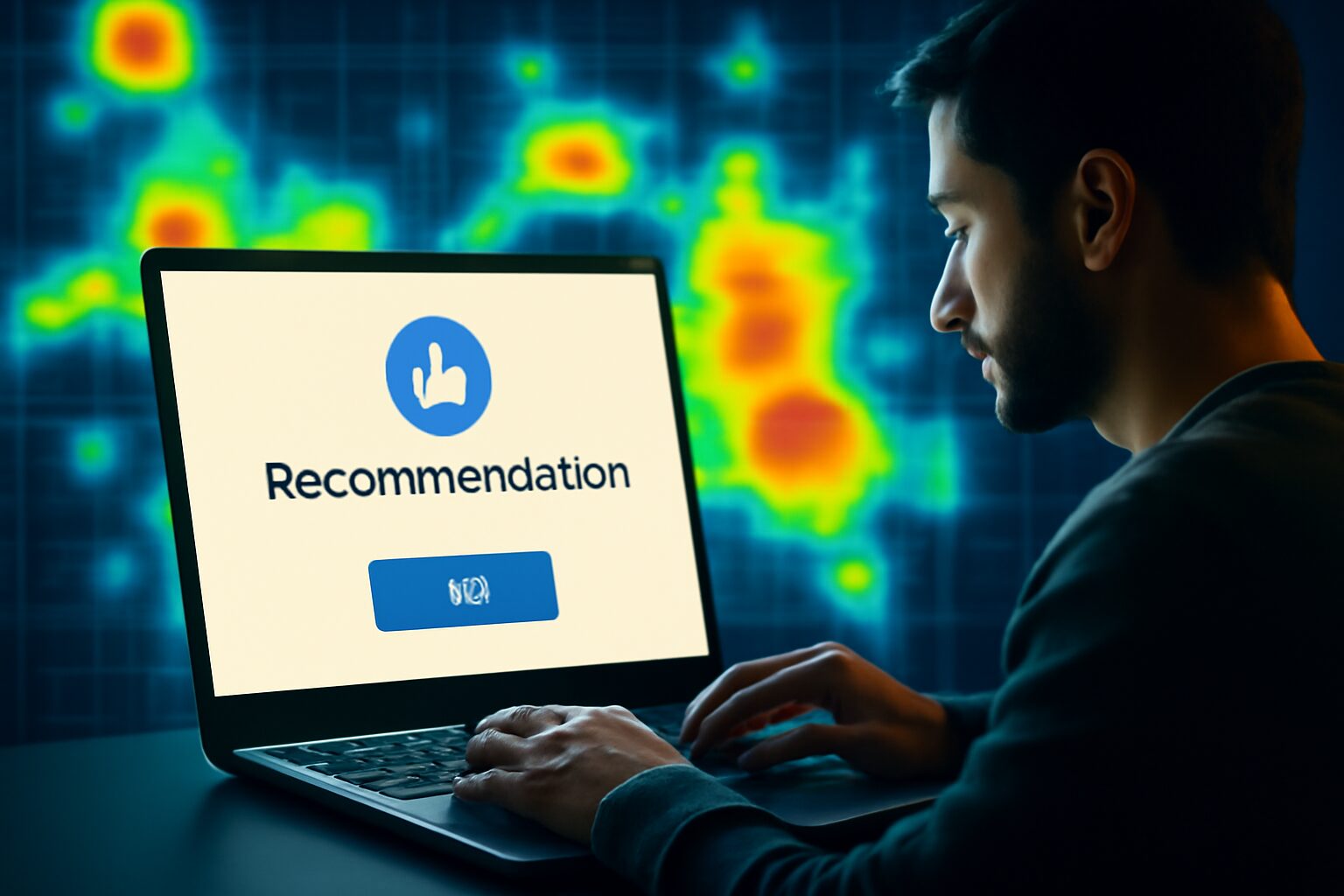 جهاز يفتح نافذة منبثقة تخبر المستخدم بتوصية، بينما تظهر خلفه خريطة حرارية لتحركاته الرقمية.