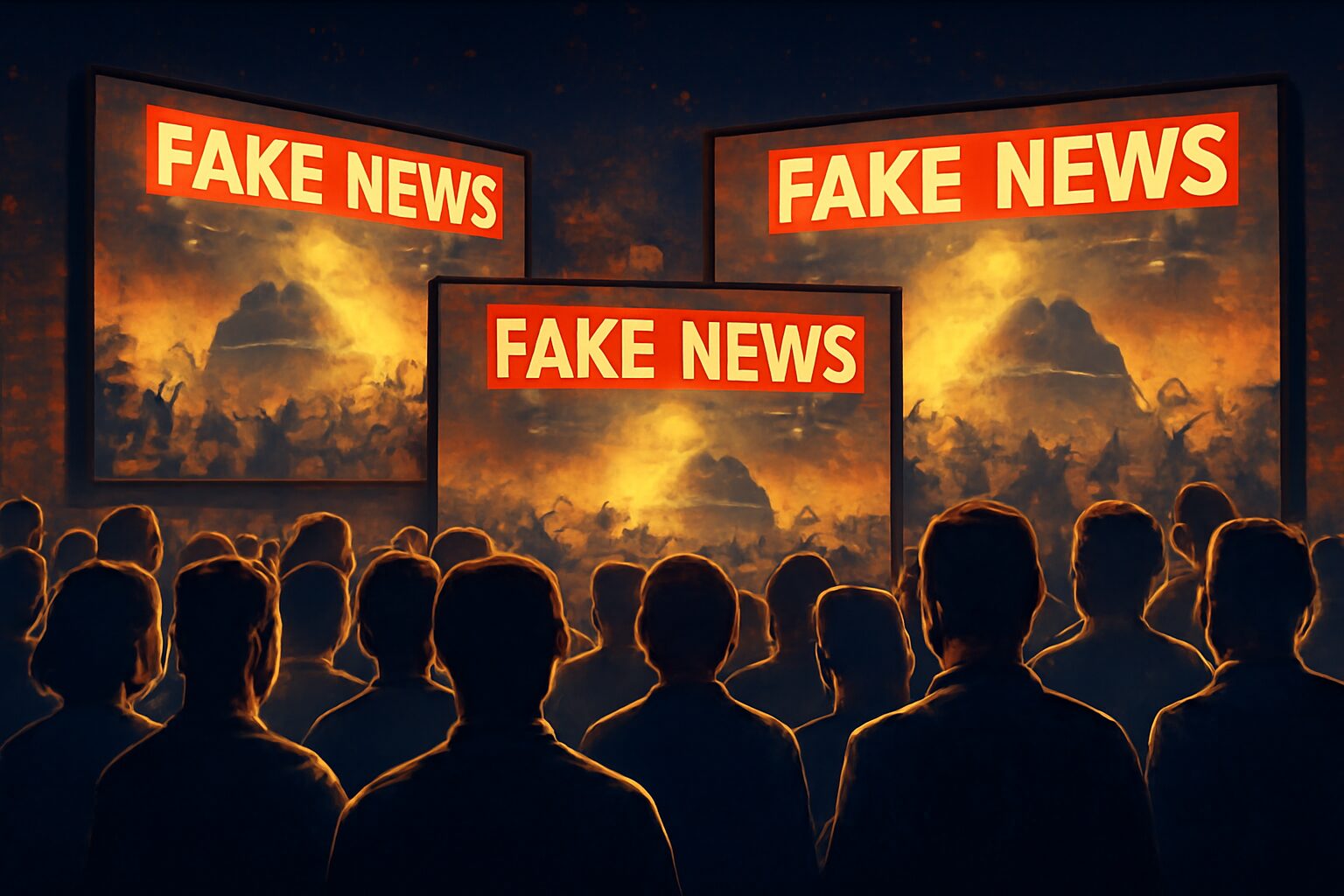 حشد من الناس يشاهدون شاشات ضخمة تبث صورًا زائفة لحدثٍ مختلق، والدهشة تُخفي خلفها تصديقًا جماعيًا