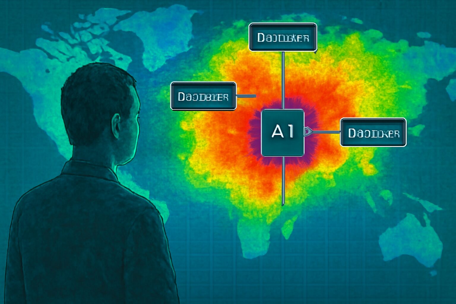 خريطة حرارية تُظهر خوارزمية تتخذ قرارات متعددة بينما يتقلص حضور البشر في الصورة تدريجيًا