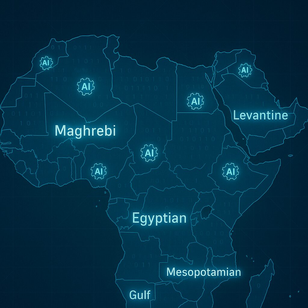 خريطة رقمية للعالم العربي تتوهّج فيها الكلمات باللهجات المختلفة، ممزوجة برموز الذكاء الاصطناعي