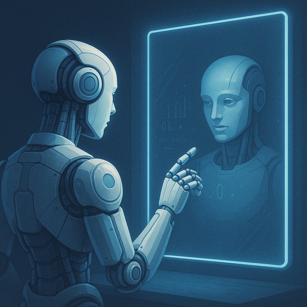 ذراع آلية تنظر إلى انعكاسها في مرآة رقمية، في إشارة إلى مراجعة الذات الصناعية.