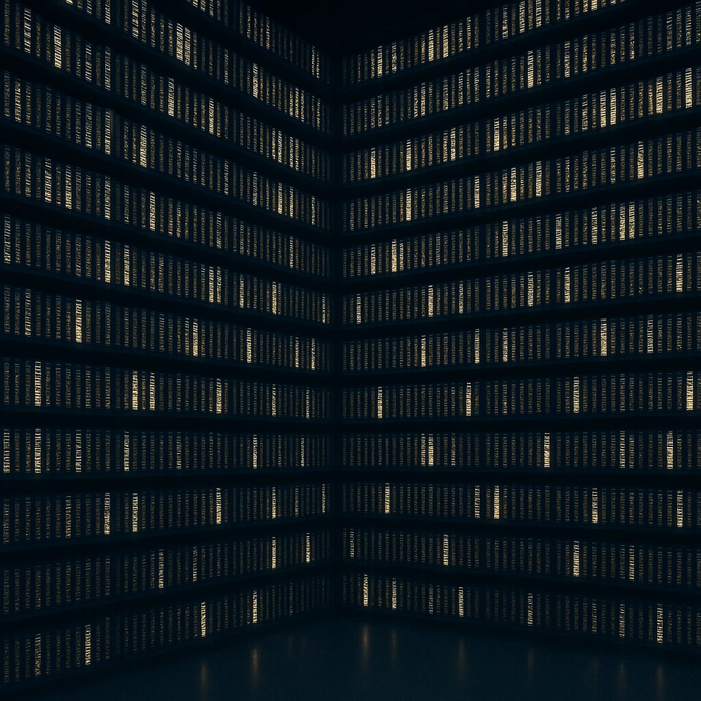 رفوف كتب رقمية، تتبدّل عناوينها باستمرار في مشهد يوحي بولادة نصوص لا نهائية