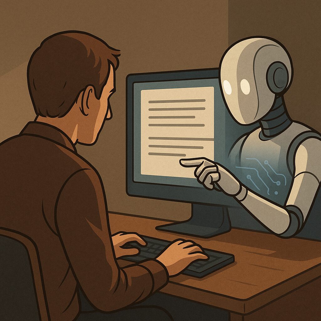 روبوت أمام شاشة نصوص، يُنهي جملة قبل أن يرفع الكاتب يده عن لوحة المفاتيح.