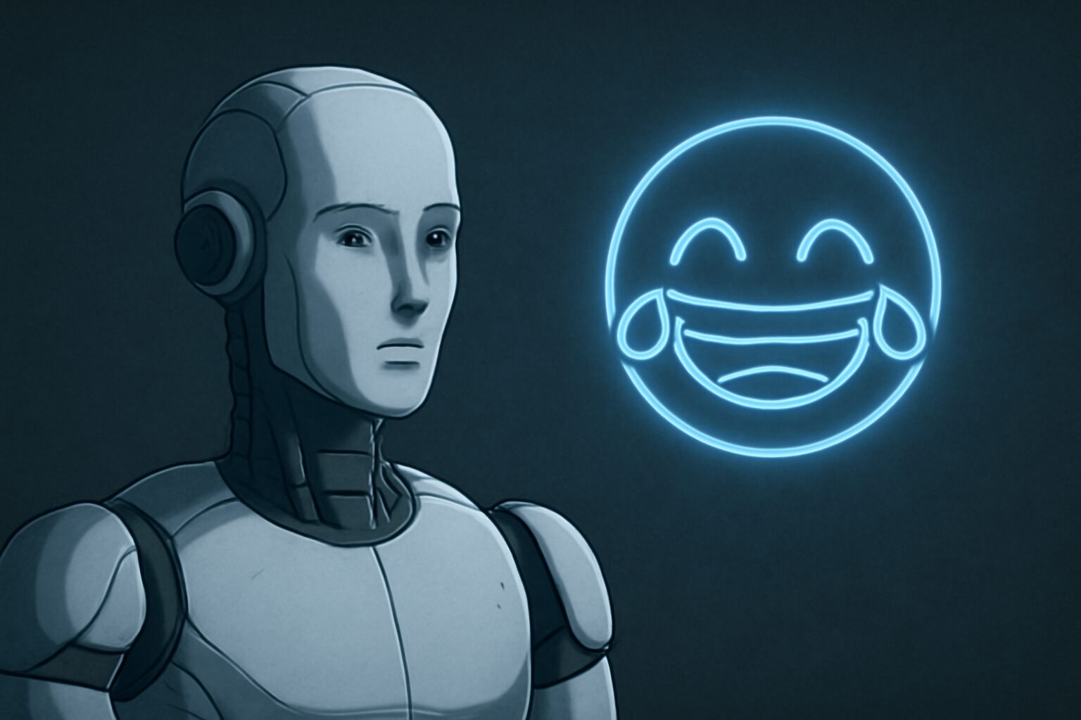 روبوت يتلقى تفاعلًا ضاحكًا من الجمهور بينما يبدو هو بلا تعبير