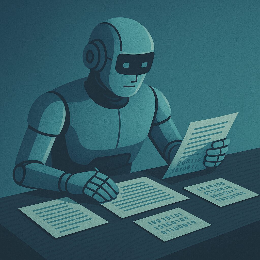 روبوت يجلس أمام طاولة عليها أوراق وأكواد، يبدو وكأنه يراجع تقاريره ويقيّم قراراته السابقة.