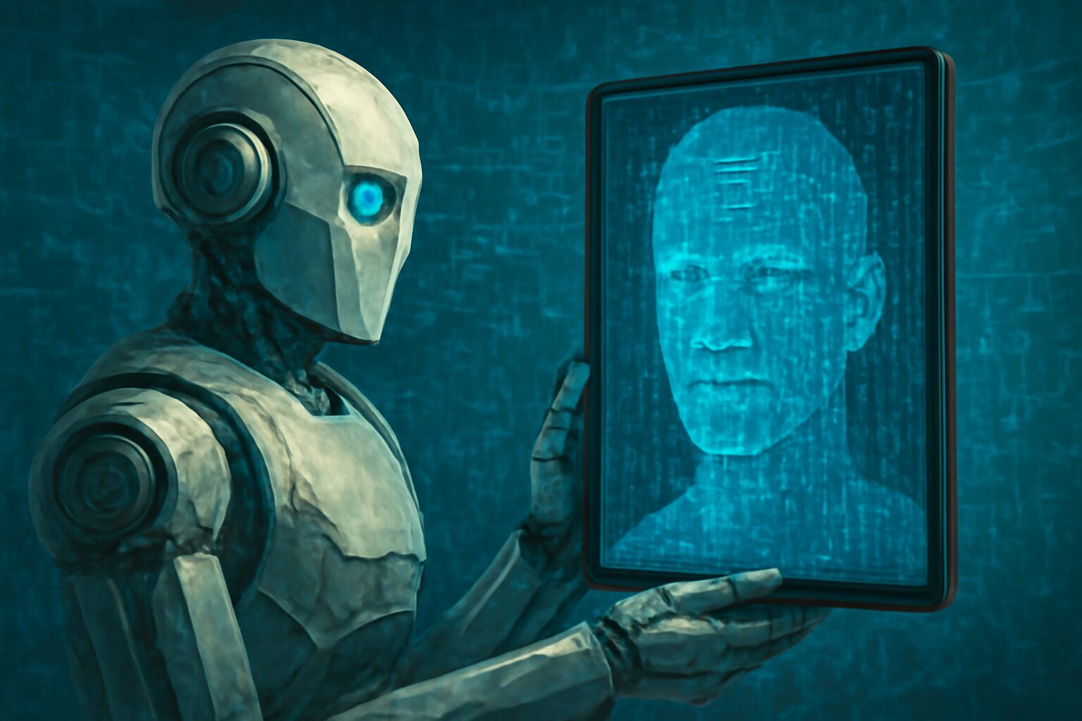 روبوت يحمل مرآة رقمية تعكس وجه إنسان مكون من رموز وبيانات.