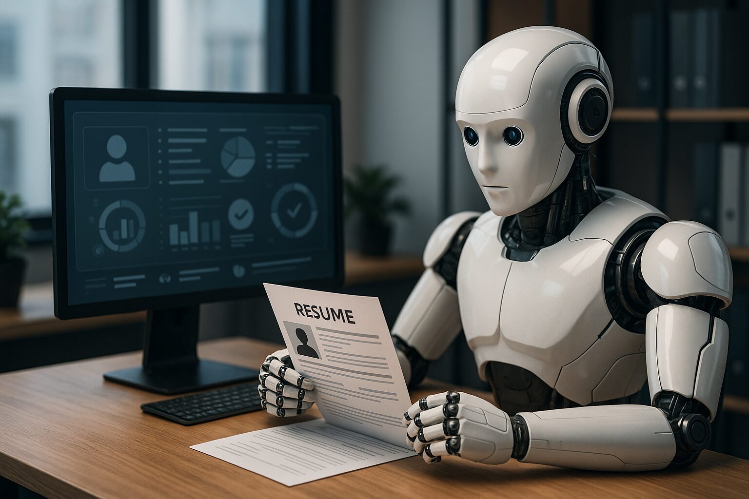 روبوت يراجع سيرة ذاتية بينما تظهر على الشاشة كلمات مثل “تحليل – تصنيف – مطابقة – قبول”.