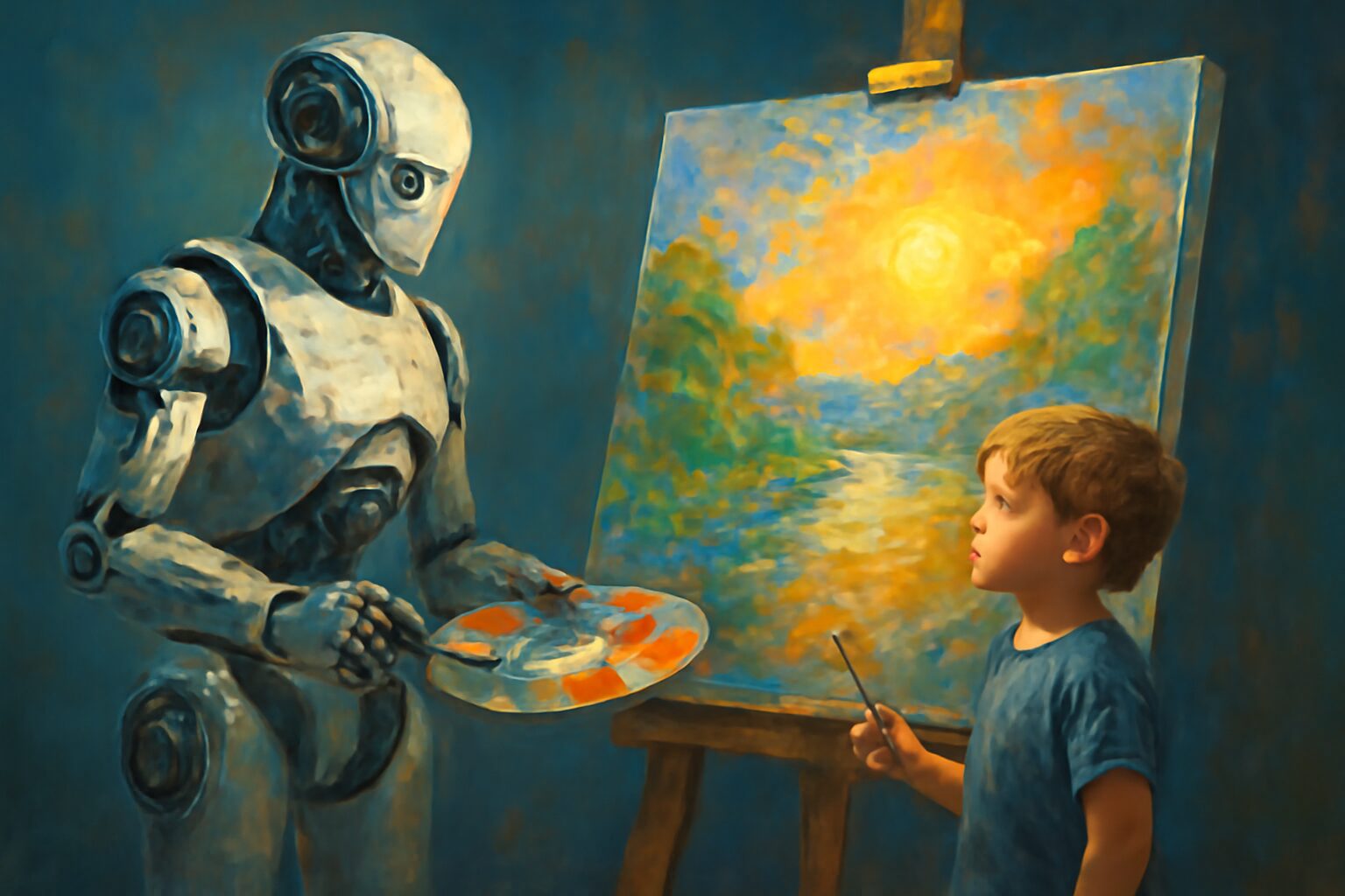 روبوت يرسم لوحة مثالية بالألوان، يقف أمامها طفل صغير يحمل فرشاةً مترددة.