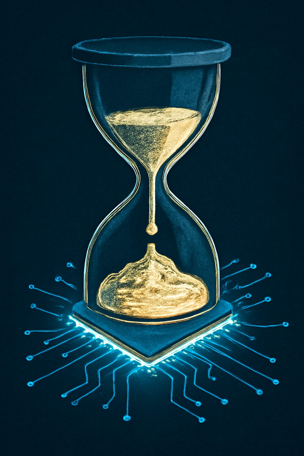 ساعة رملية يذوب رملها داخل معالج إلكتروني مضيء.