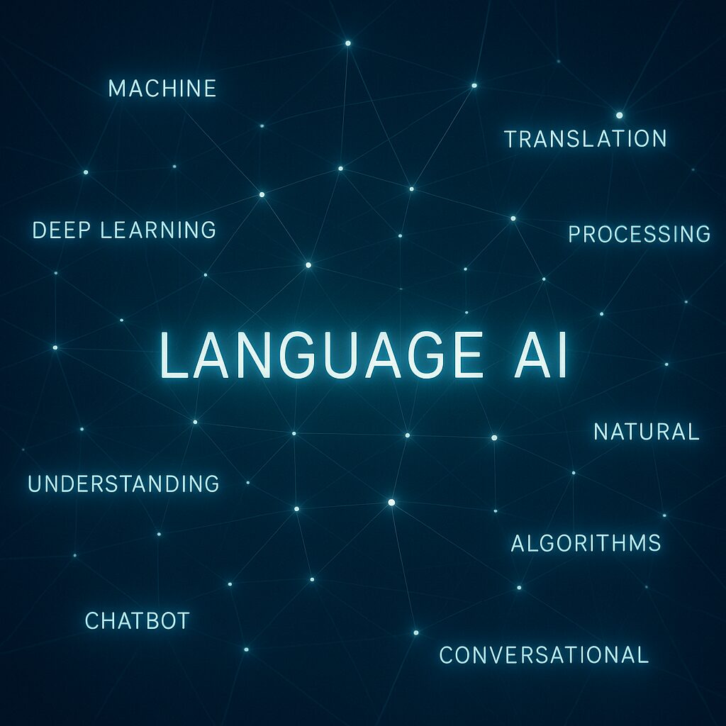 شاشة تعرض شبكة من الكلمات المترابطة بخيوط ضوئية تمثل الذكاء الاصطناعي اللغوي.
