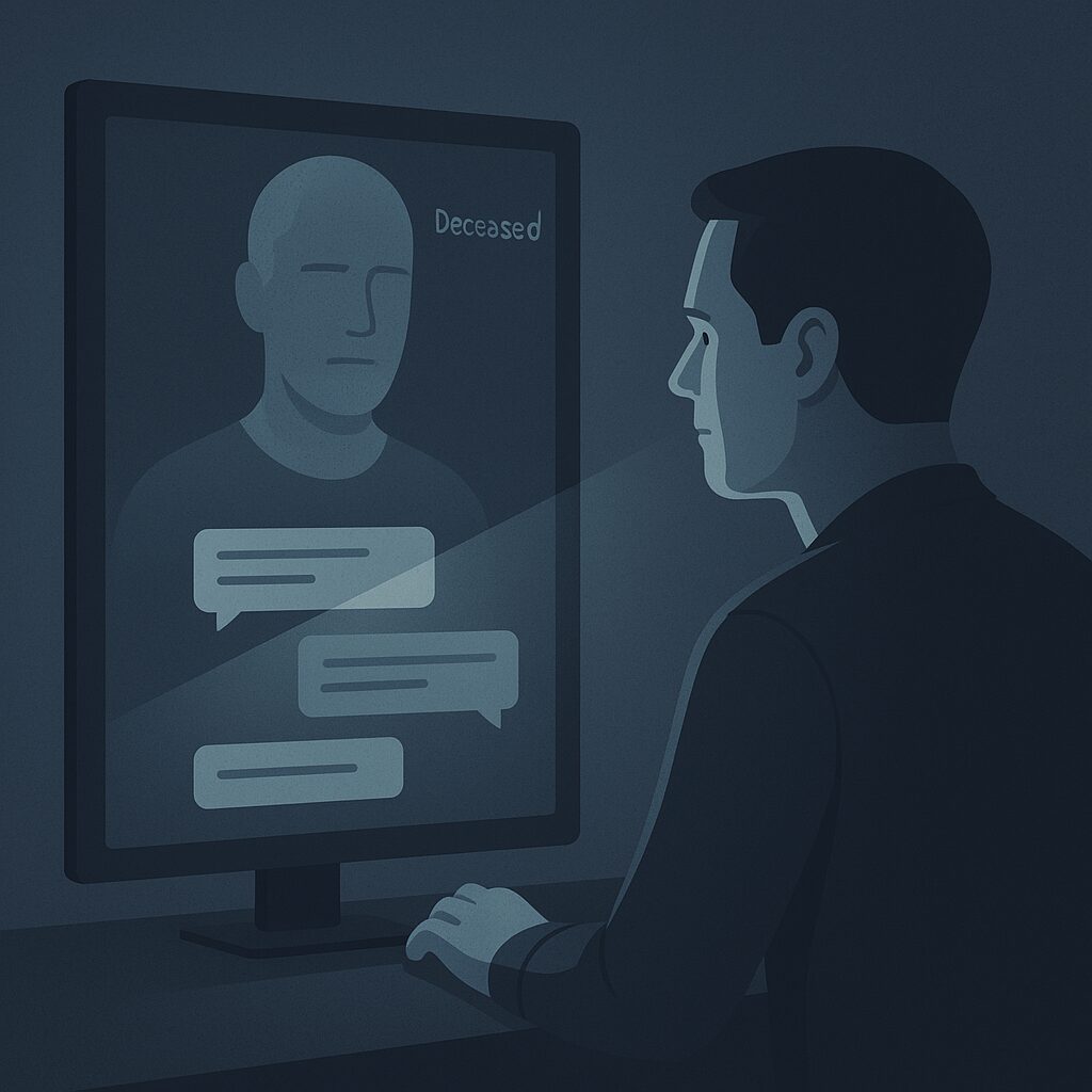 شاشة تعرض محادثة بين مستخدم حيّ وملف رقمي يمثل شخصًا راحلًا، وسط ضوء باهت