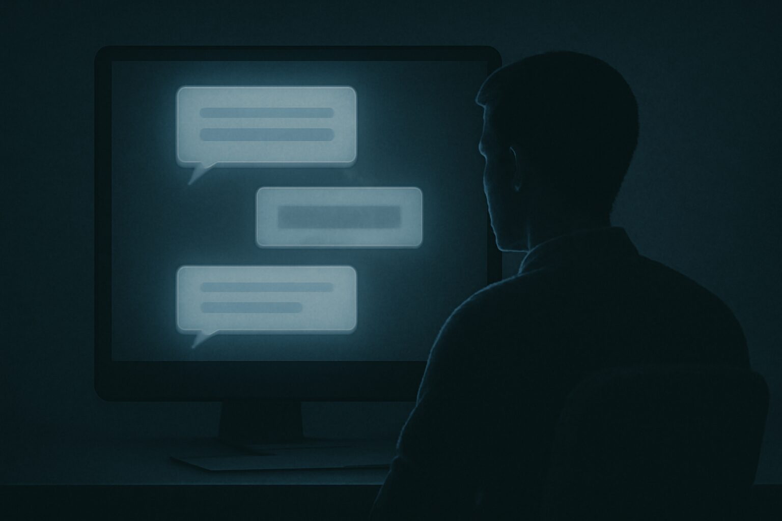 شاشة تعرض نصوص مواساة تولّدها خوارزمية، بينما يجلس إنسان أمامها في ظلال خفيفة.