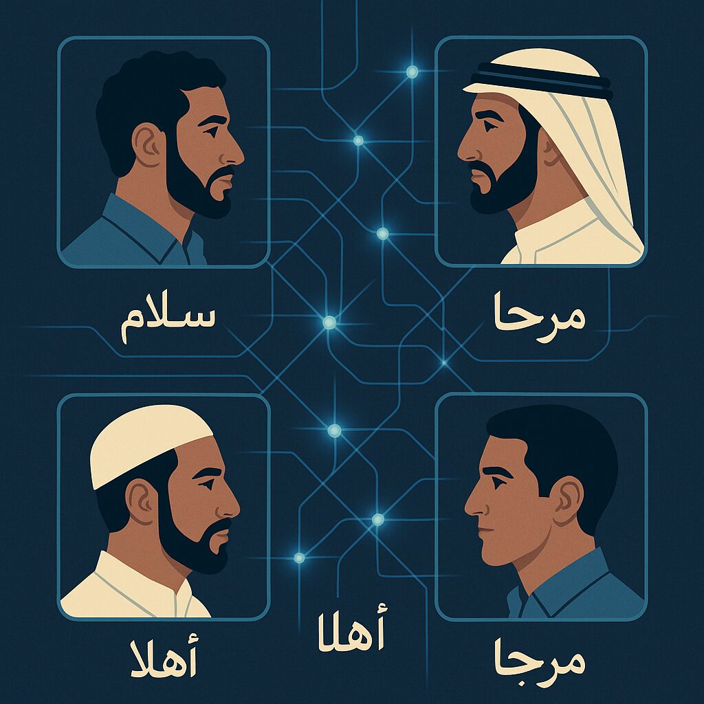 شاشة تعرض وجوهًا من دول عربية مختلفة، تتحدث خوارزميات الكلمات المحلية بينها بخطوط متشابكة