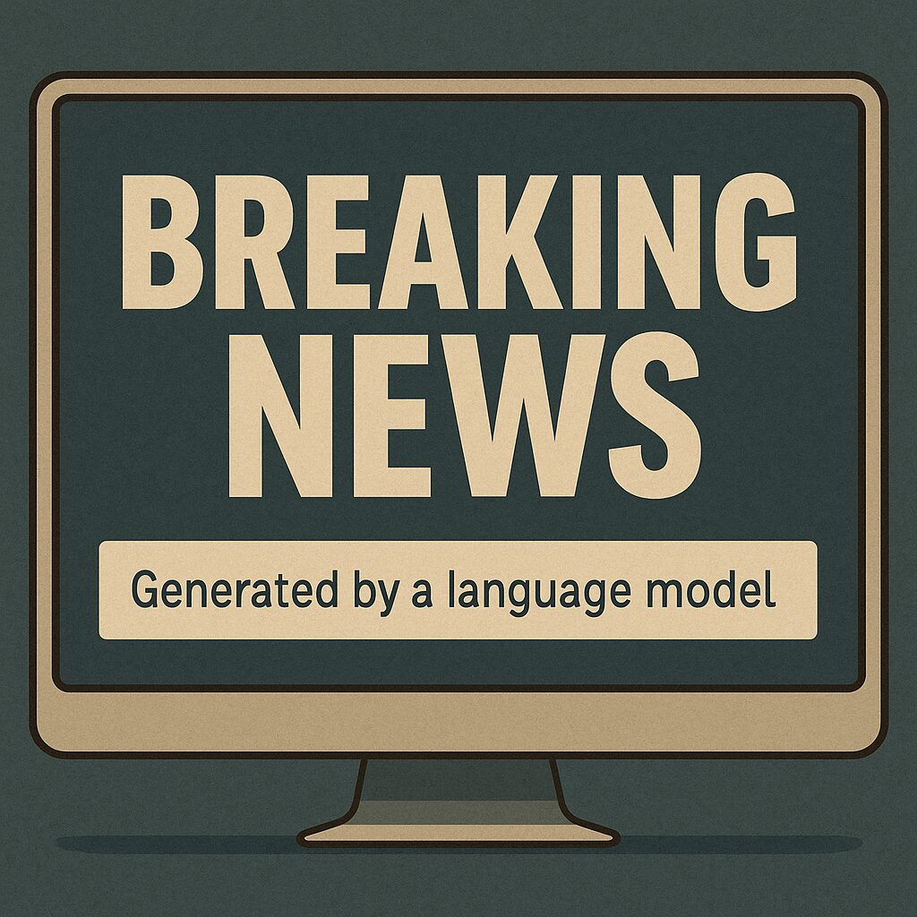 شاشة تُظهر خبرًا عاجلًا بعنوان كبير، وبجانبه ملاحظة صغيرة تقول “تم توليده بواسطة نموذج لغوي”.