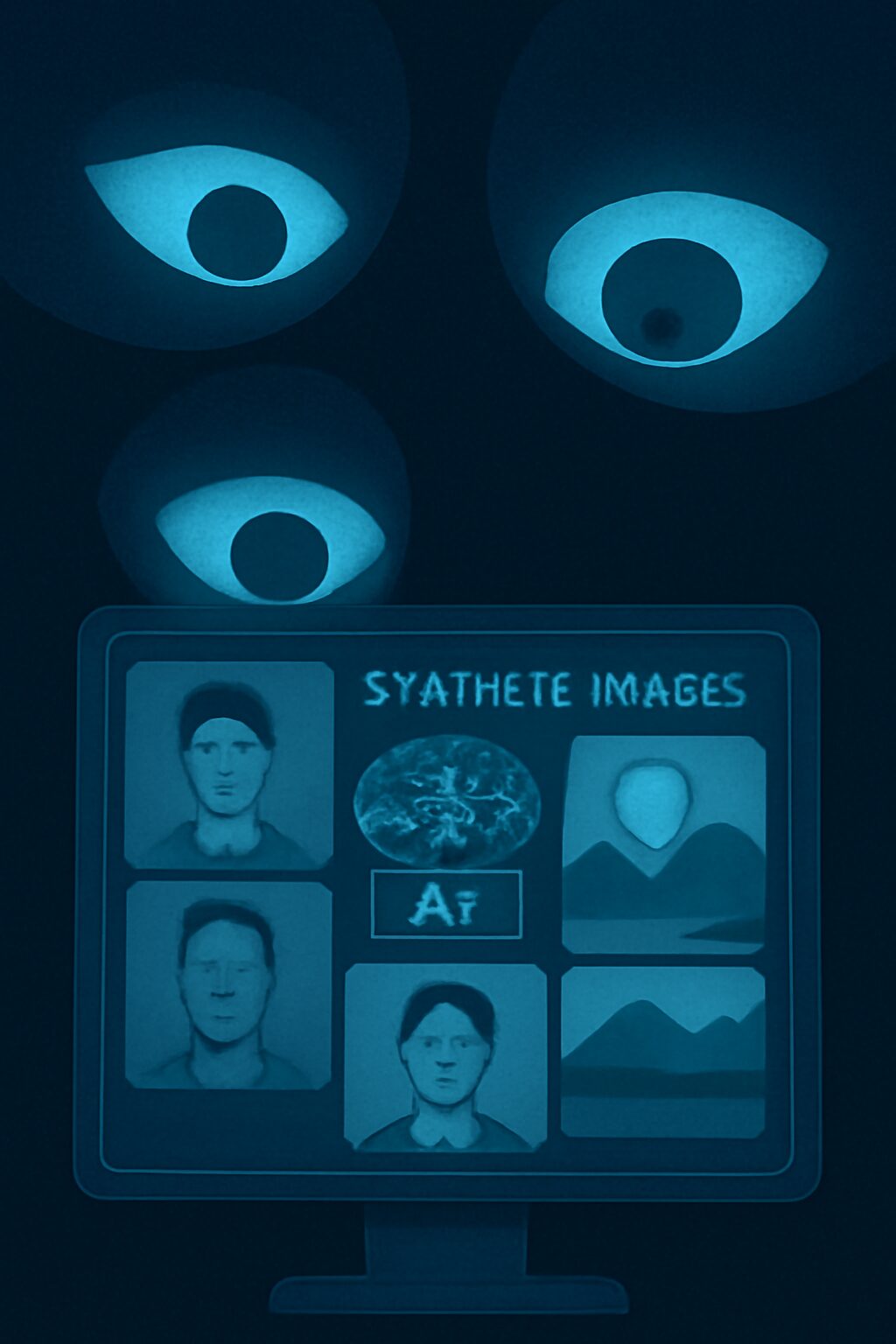 شاشة ضخمة تُظهر آلاف الصور المتغيرة بسرعة، بينما يقف إنسان وحيد في المنتصف مذهولًا أمام الفيض البصري