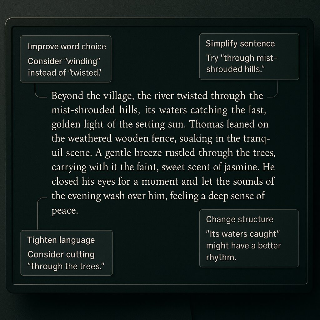 شاشة تُظهر نصًا أدبيًا محاطًا بتعليقات خوارزمية تقترح تعديلات على الأسلوب والإيقاع.