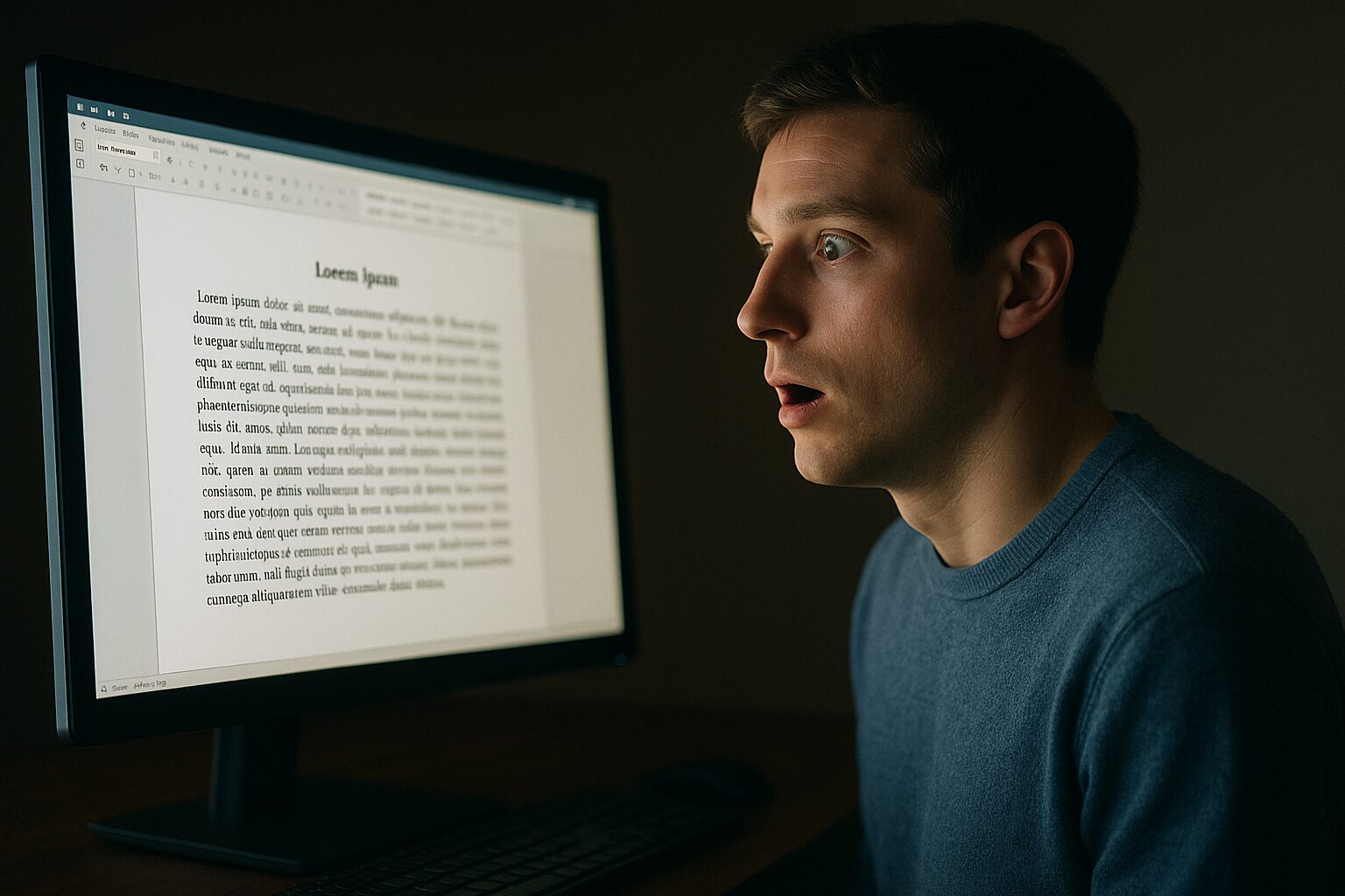 شاشة حاسوب تعرض نصًا أدبيًا يتكوّن تلقائيًا أمام عينَي مستخدم مذهول