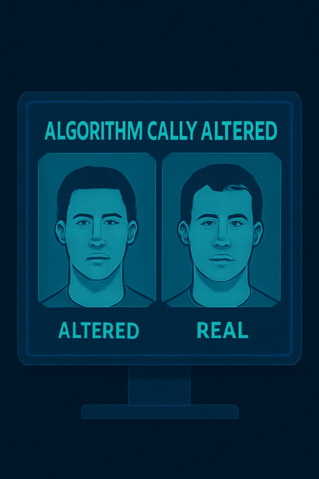 شاشة حاسوب تعرض وجهًا مُعدّلًا خوارزميًا، بينما تُعرض بجانبه صورة إنسان حقيقي غير متناظر الملامح.