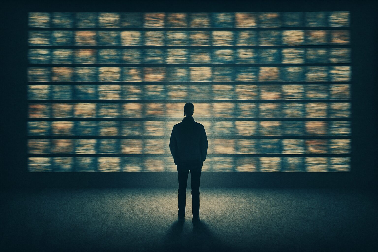 شاشة ضخمة تُظهر آلاف الصور المتغيرة بسرعة، بينما يقف إنسان وحيد في المنتصف مذهولًا أمام الفيض البصري