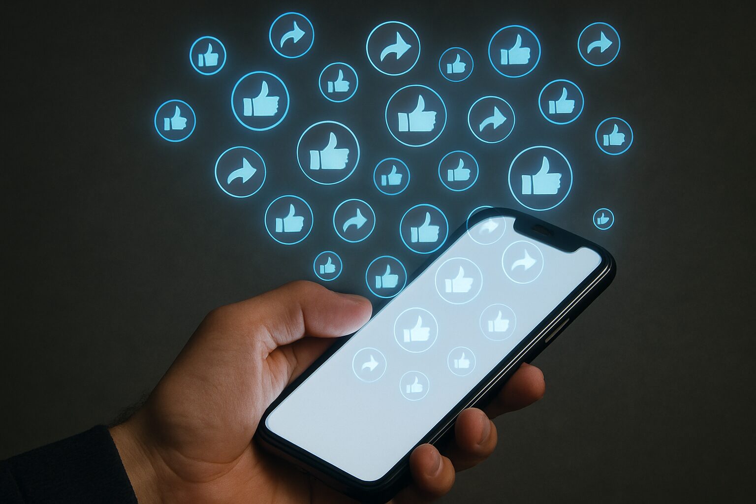 شاشة هاتف تتدفق منها رموز الإعجاب والمشاركة بشكل متكرر بلا توقف.