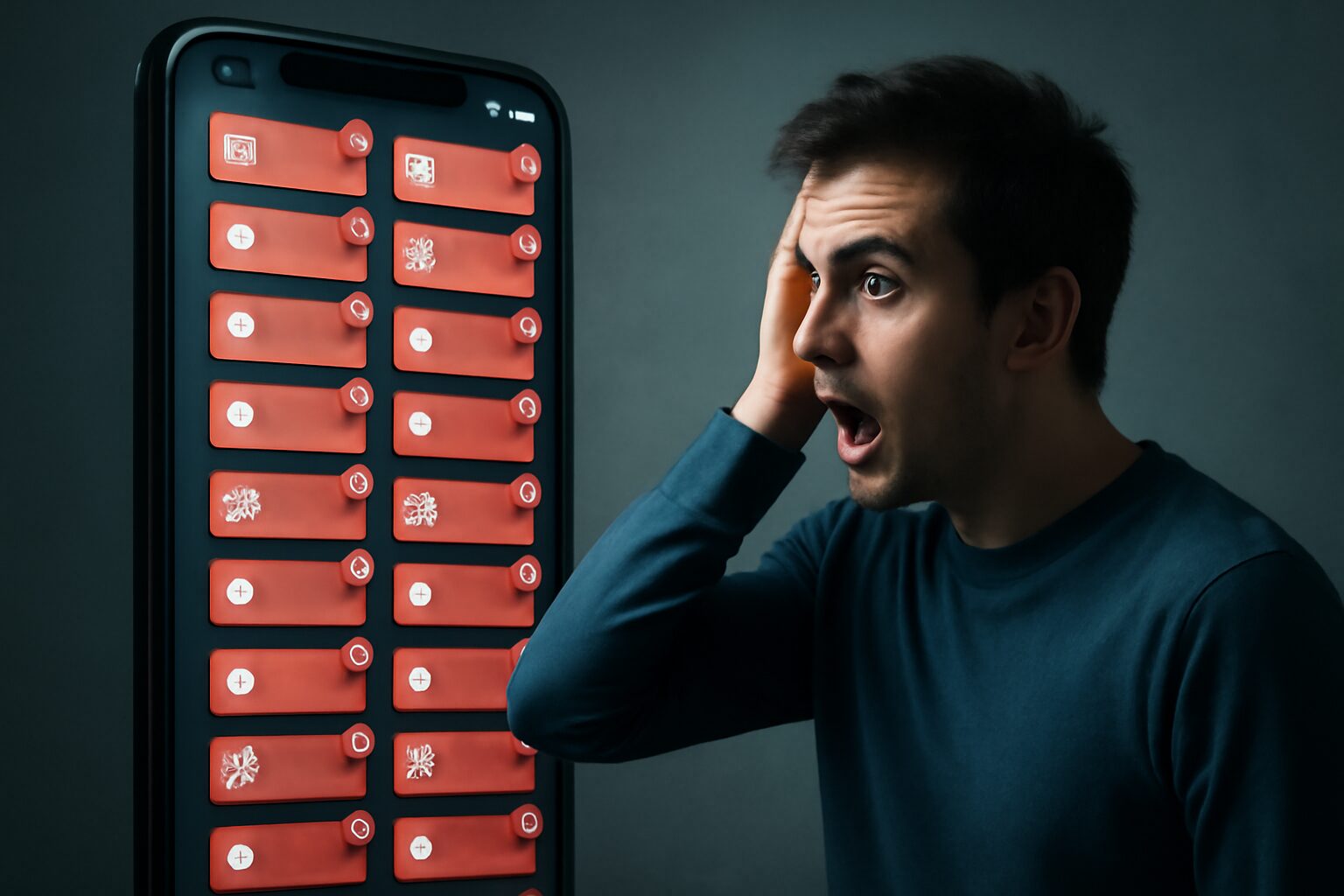 شاشة هاتف تعرض عشرات الإشعارات المتراكمة، بينما يقف شخص مذهول أمامها.