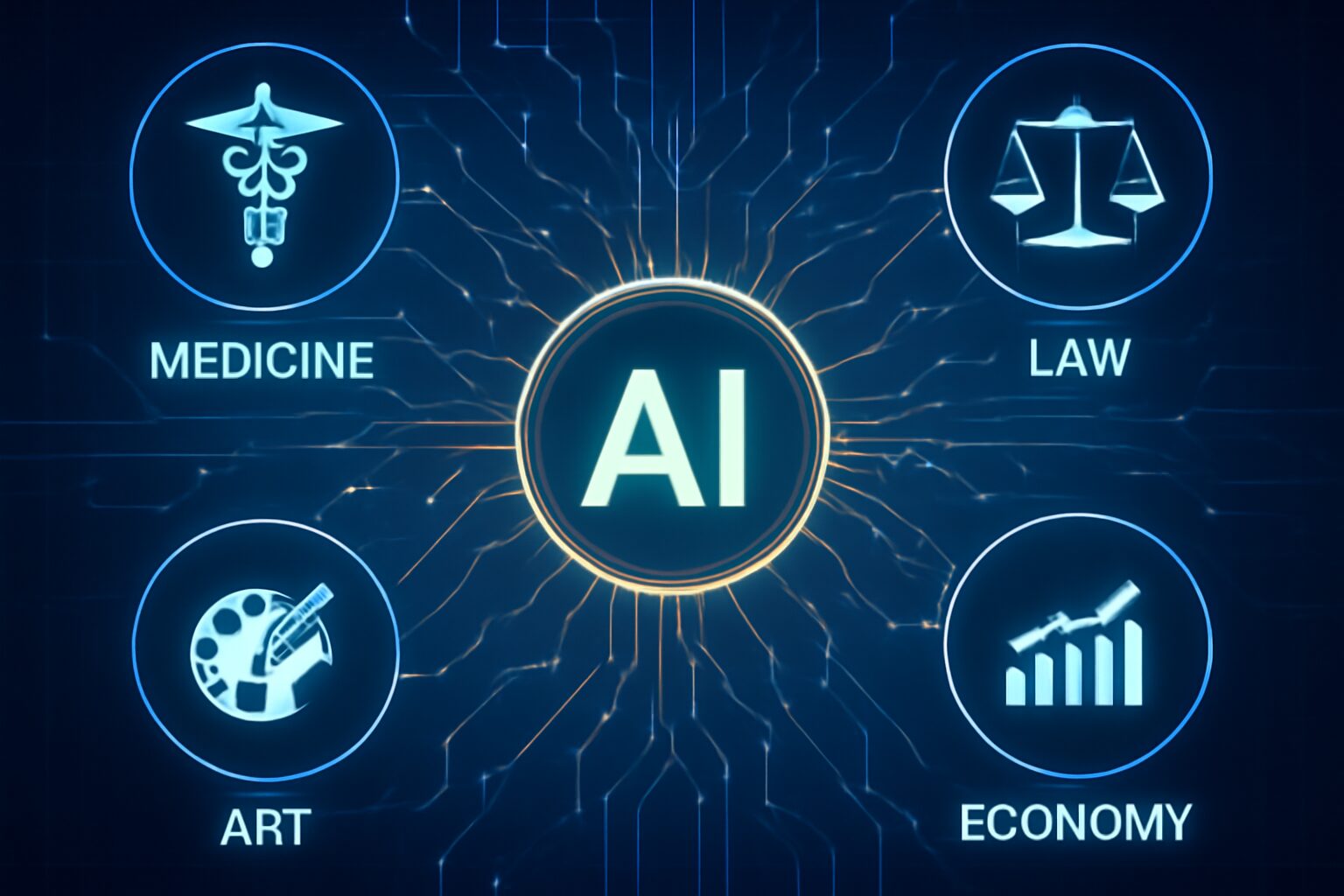 شبكة فكرية تربط بين مفاهيم متعددة مثل الطب، القانون، الفن، الاقتصاد، وتلتقي كلها في مركز واحد يحمل رمز الذكاء الاصطناعي.