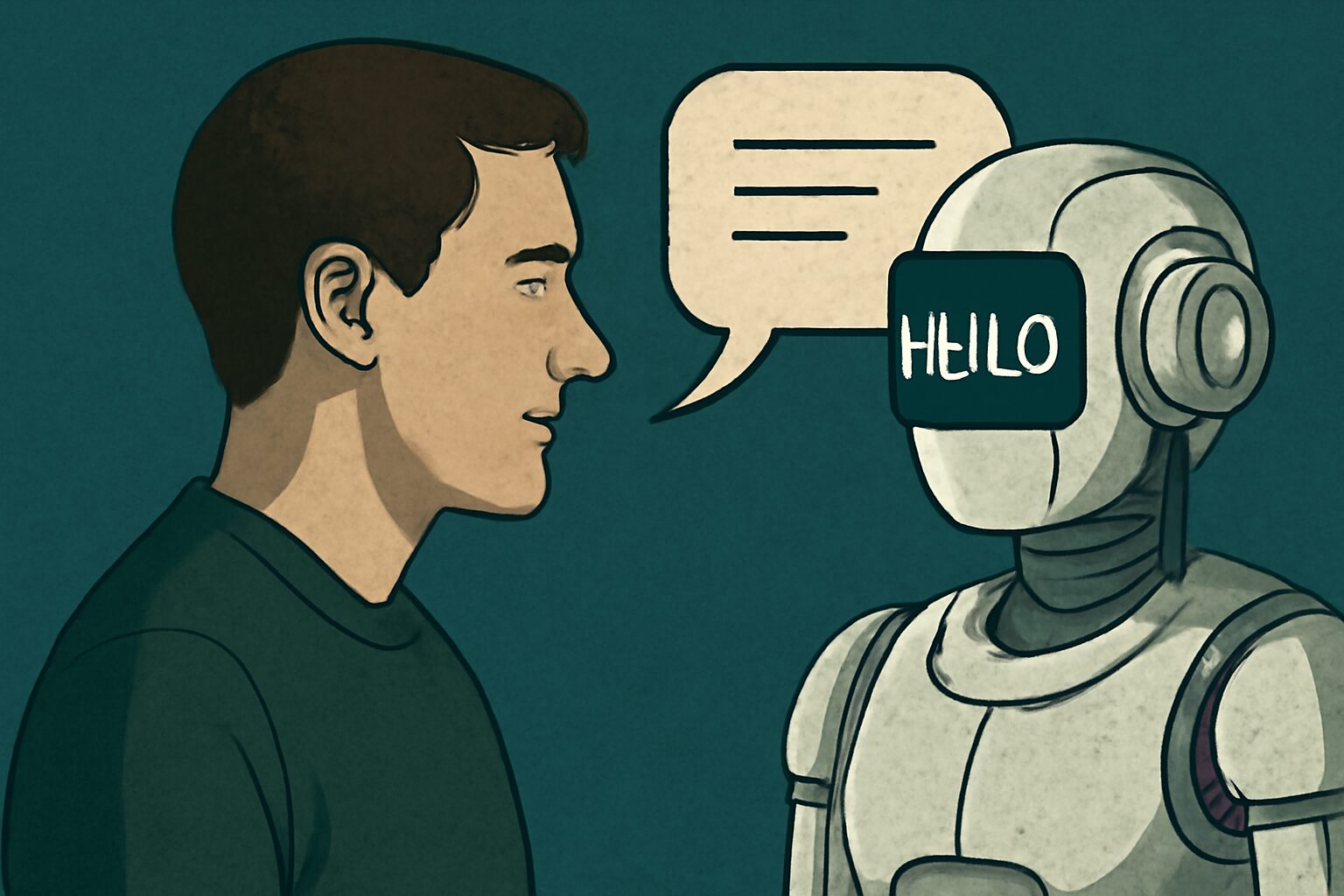 شخص يحدّث آلة لا ترى إلا الكلمات، بينما تختفي تعابيره وظلال روحه خلفها.