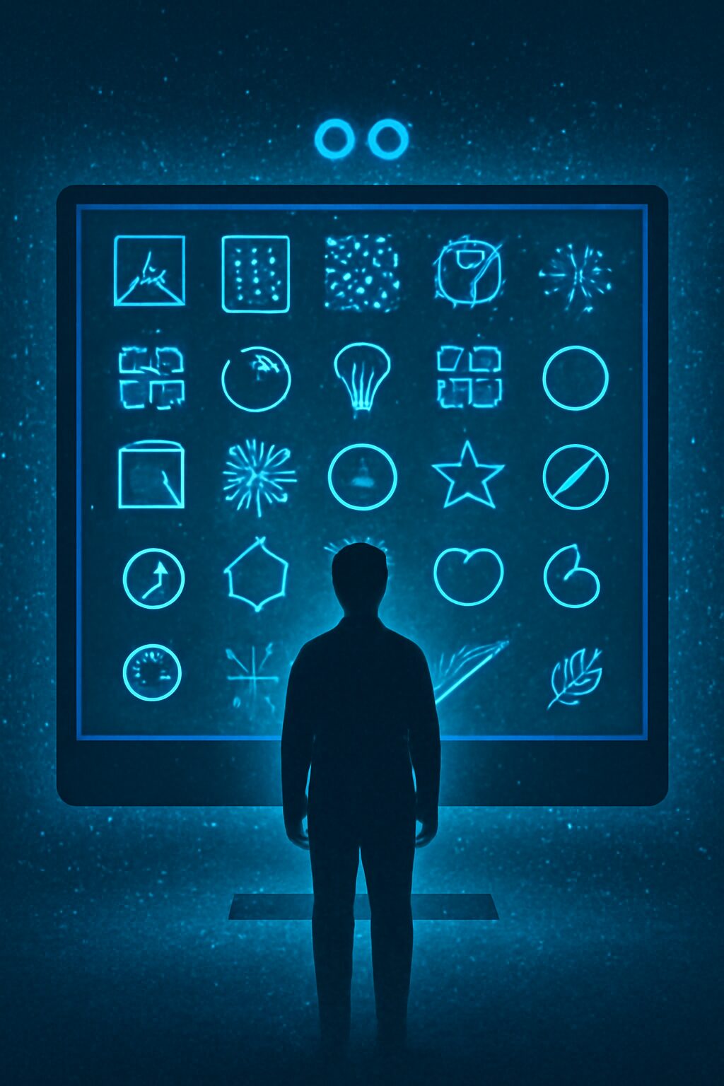 شخص يقف أمام شاشة ضخمة تولّد خيارات لا نهائية من تصاميم وأفكار، في مشهد يرمز إلى اتساع الإبداع الخوارزمي.