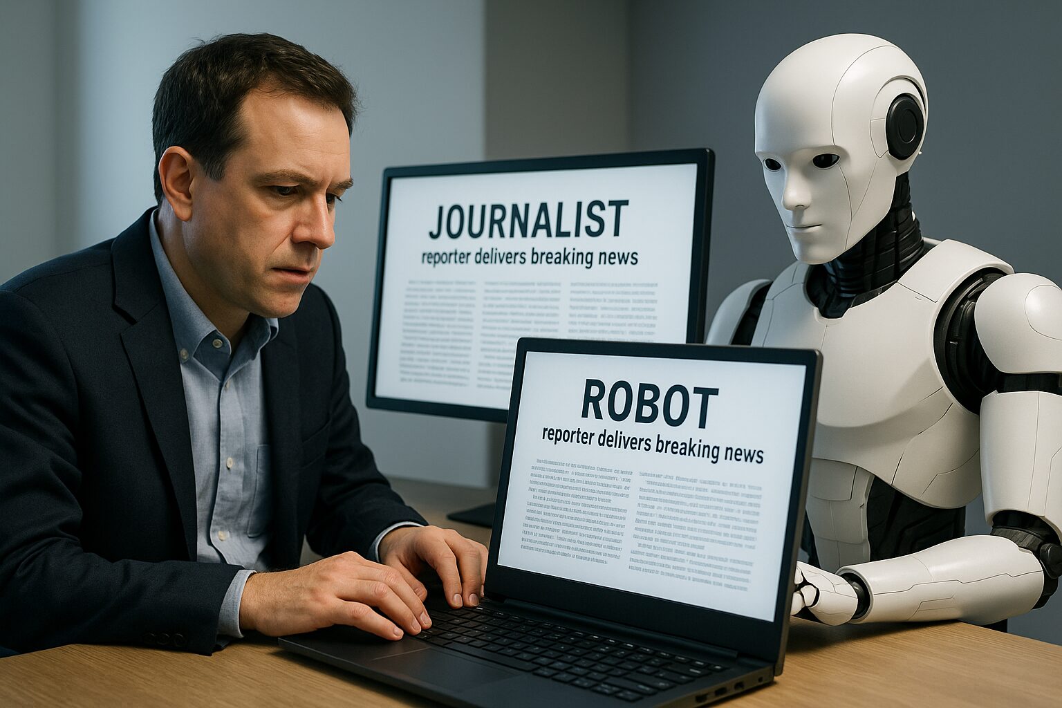 صحفي بشري يجلس أمام شاشة تظهر بجانبها نموذج آلي يكتب تقريرًا بنفس الوقت، والعنوانان متطابقان تقريبًا.