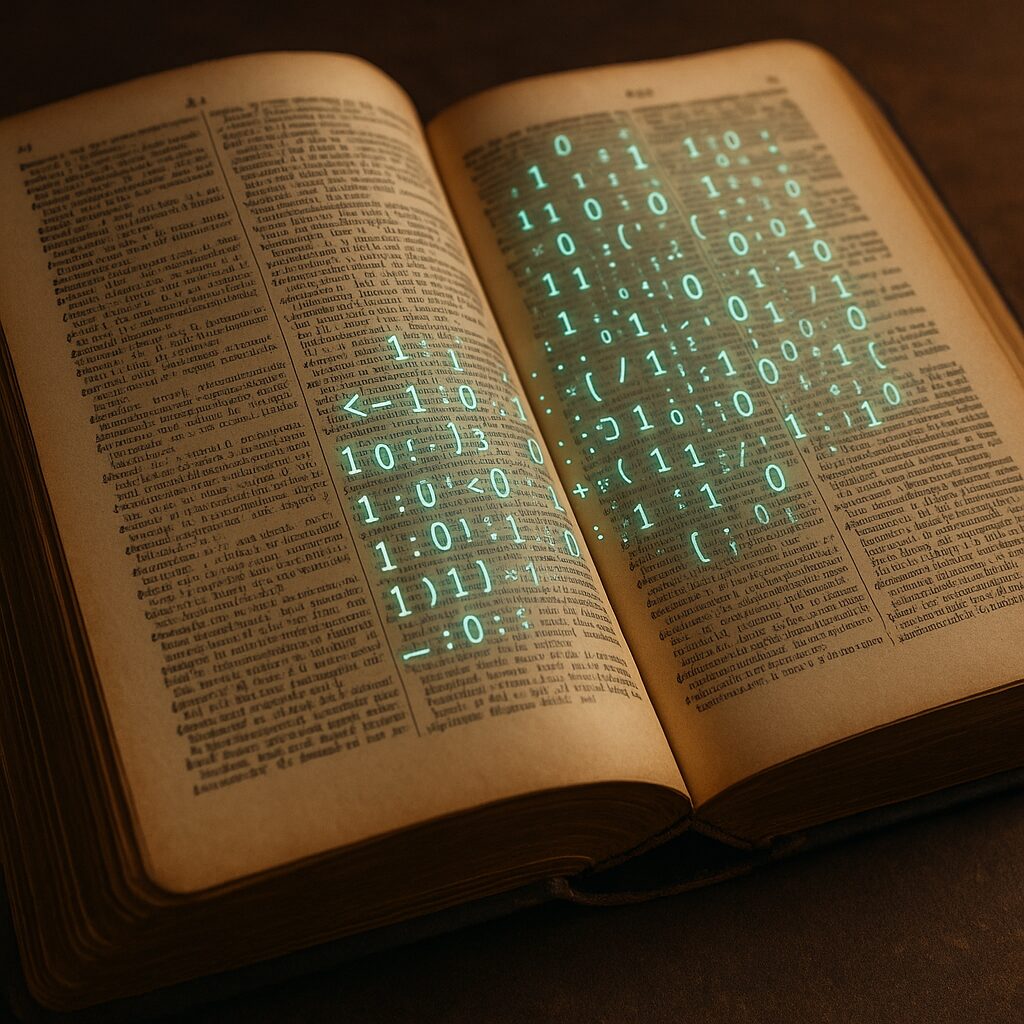 صفحات قاموس قديم تتداخل فوقها رموز خوارزمية مضيئة، في إشارة إلى التحوّل من الورق إلى البيانات.