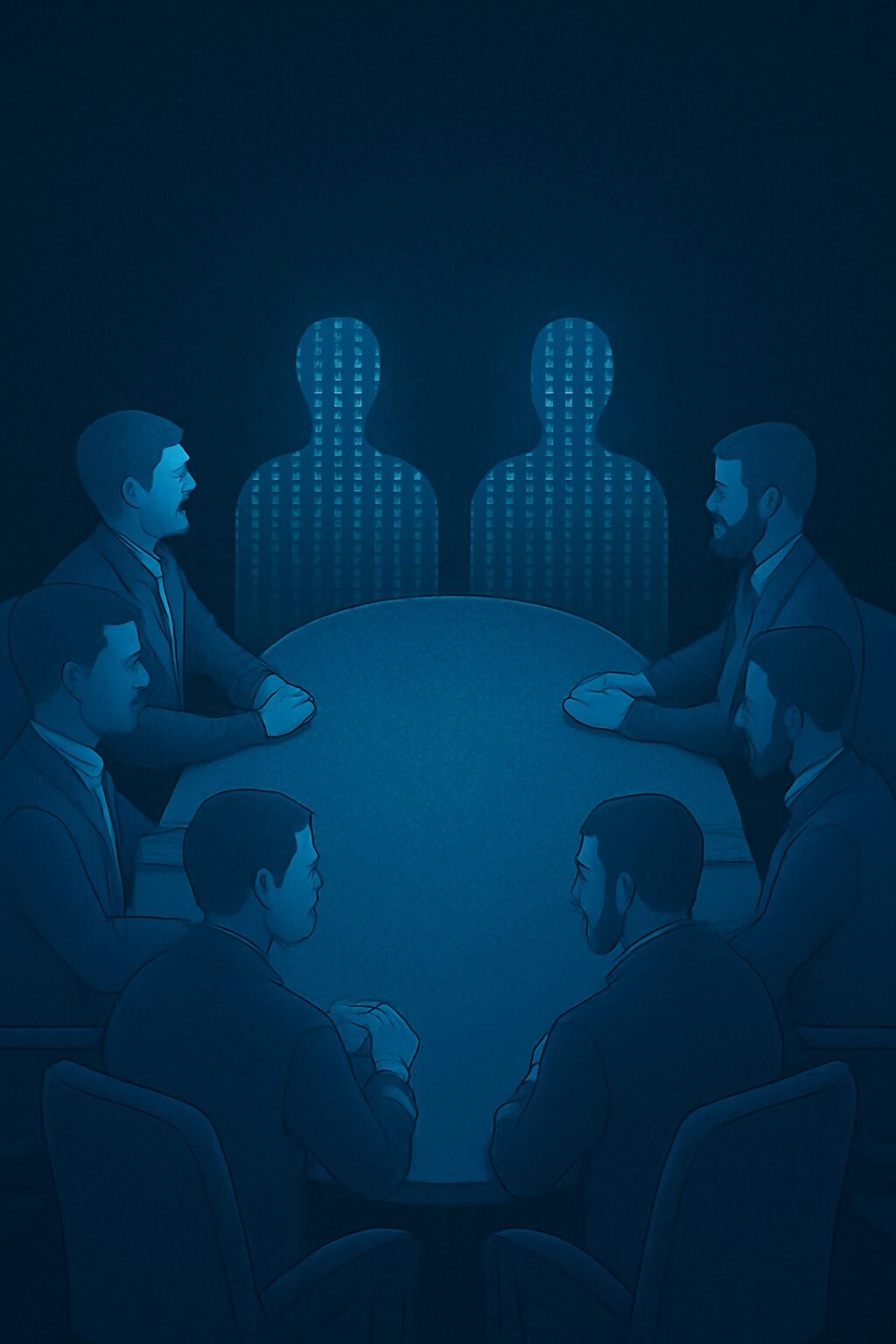 طاولة اجتماعات افتراضية يجلس حولها بشر وظلال رقمية تمثل نماذج ذكاء اصطناعي تشارك في القرار