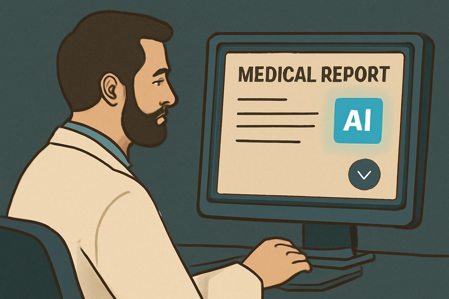 طبيب يجلس أمام شاشة يظهر فيها نموذج ذكائي يكتب تقريرًا طبيًا بينما الطبيب يكتفي بالموافقة عليه