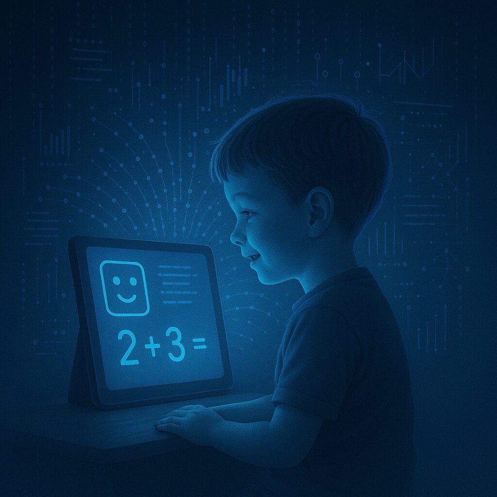 طفل يجلس أمام شاشة تعليمية ذكية، وخلفه تضيء خوارزميات تتفاعل مع تعابير وجهه.