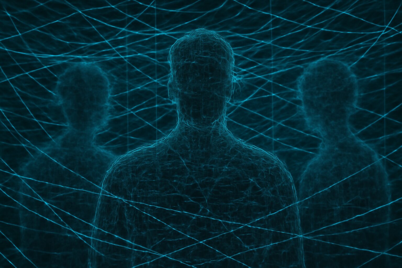 ظلال بشر تتداخل مع خطوط متشابكة من البيانات، كأنها شخصيات منسوجة بخيوط رقمية.
