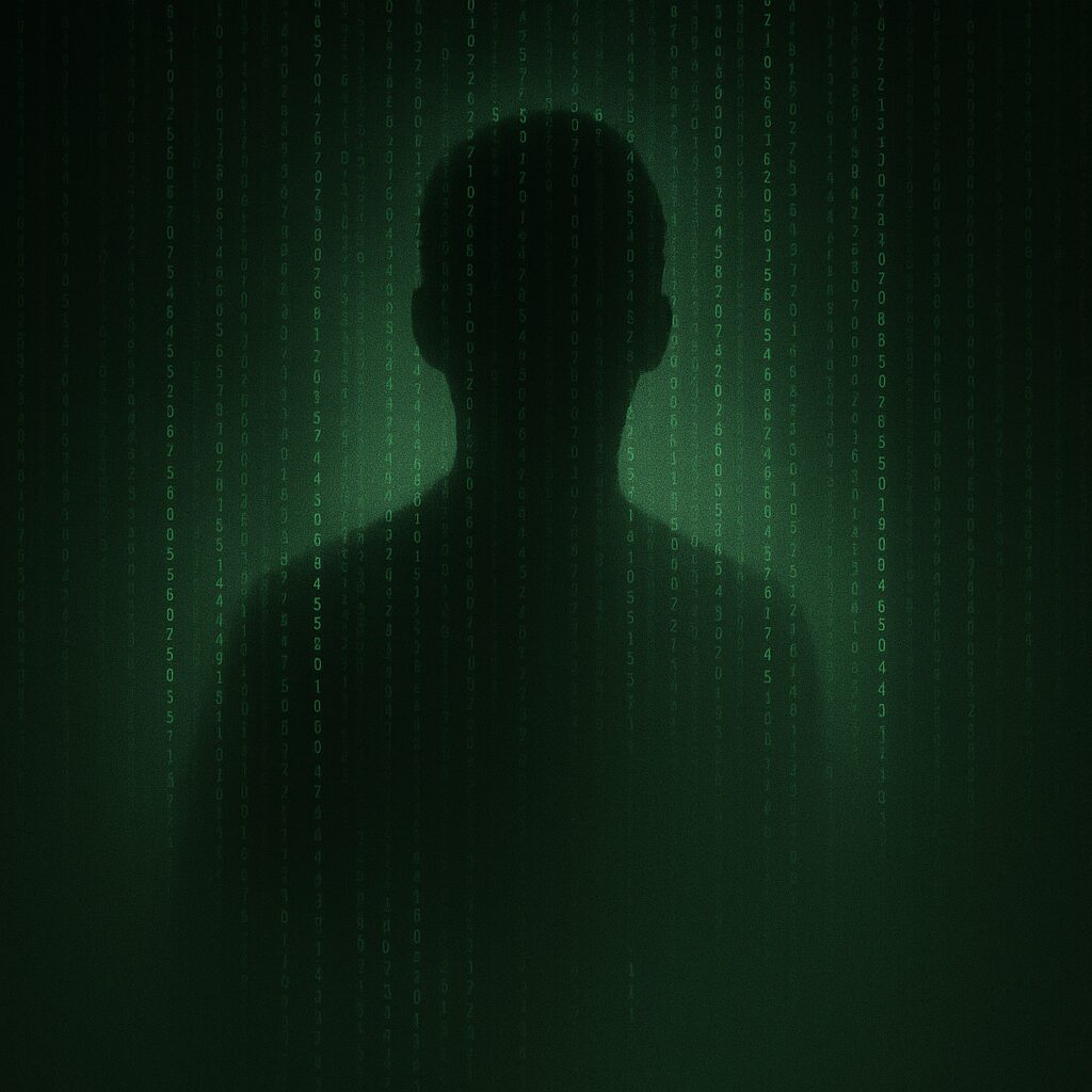 ظلال رقمية تتلاشى في فضاء مليء بشيفرات خضراء، ترمز إلى فكرة البقاء الرقمي بعد الموت