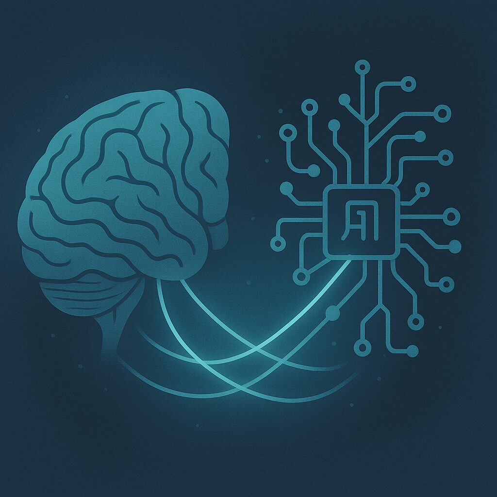 عقل إنساني ونظام خوارزمي متشابكان بخيوط ضوئية، في إشارة إلى اندماج الإنسان والتقنية في العملية التعليمية.