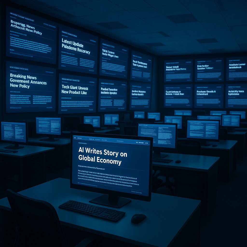 صحفي بشري يجلس أمام شاشة تظهر بجانبها نموذج آلي يكتب تقريرًا بنفس الوقت، والعنوانان متطابقان تقريبًا.