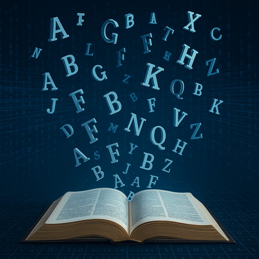 قاموس ورقي مفتوح تخرج منه حروف ثلاثية الأبعاد تطير في فضاء رقمي