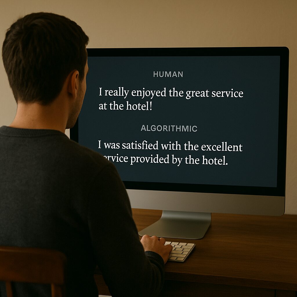 كاتب يجلس أمام شاشة تعرض جملتين؛ إحداهما بصوته البشري، والأخرى منقّحة خوارزميًا تظهر أكثر انضباطًا وحيادًا.