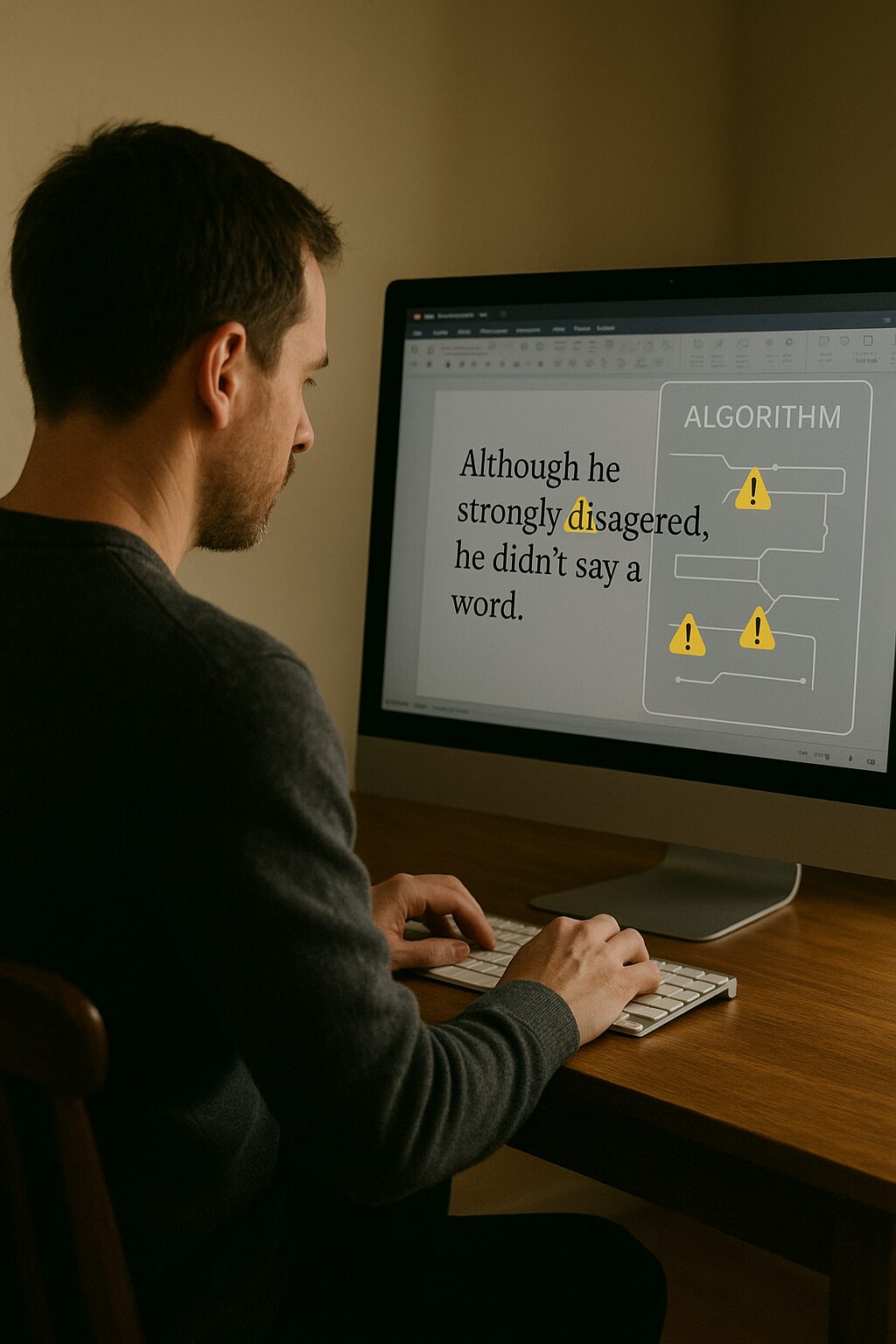 كاتب يجلس أمام شاشة، بينما تظهر بجانبه خوارزمية شفافة تضع علامات تحذير على بعض الكلمات قبل نشرها.